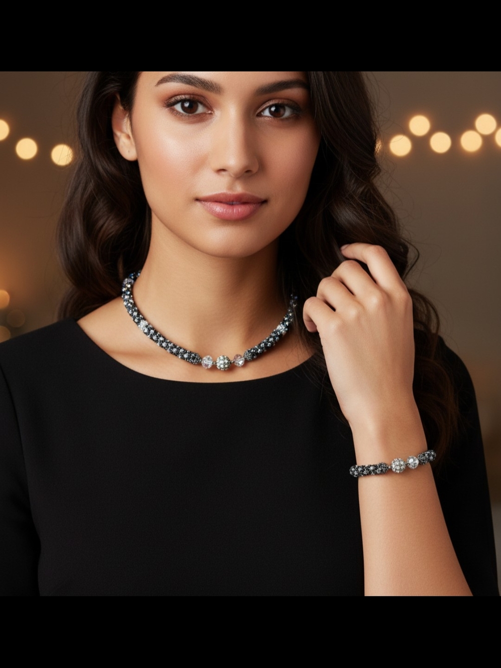Rhinestone Beaded Necklace and Bracelet Set in Gunmetal and Silver